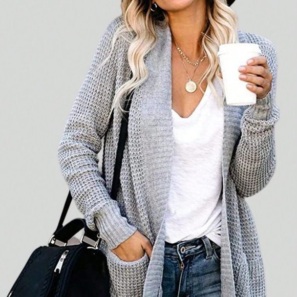 . Sweaters - Grey Preppy Womens Dual Pocket Drop Shoulder Open Front Cardigan